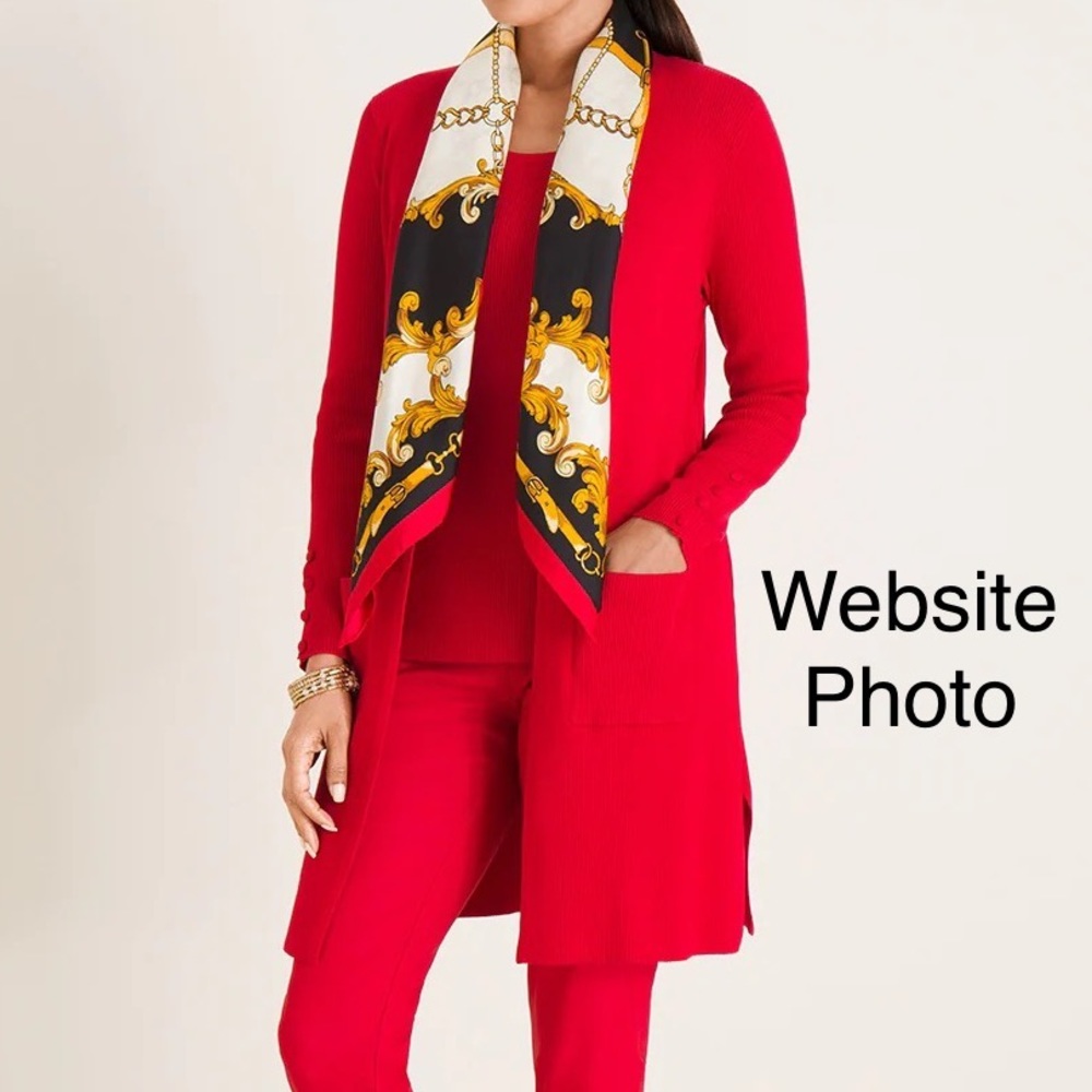 Chico’s Red Ribbed Two-Pocket Cardigan Sweater